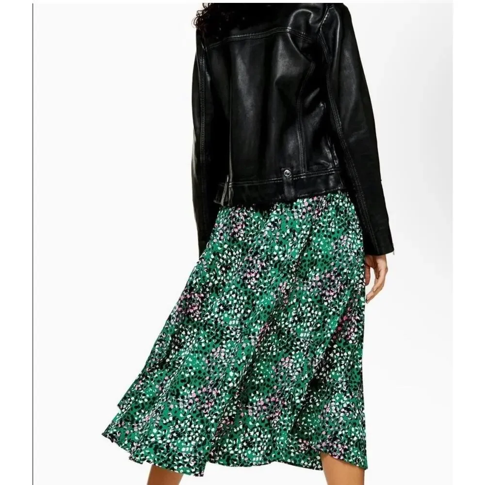 Topshop Green Painted Spot Pleated Midi Skirt Asymmetric High-Low 4